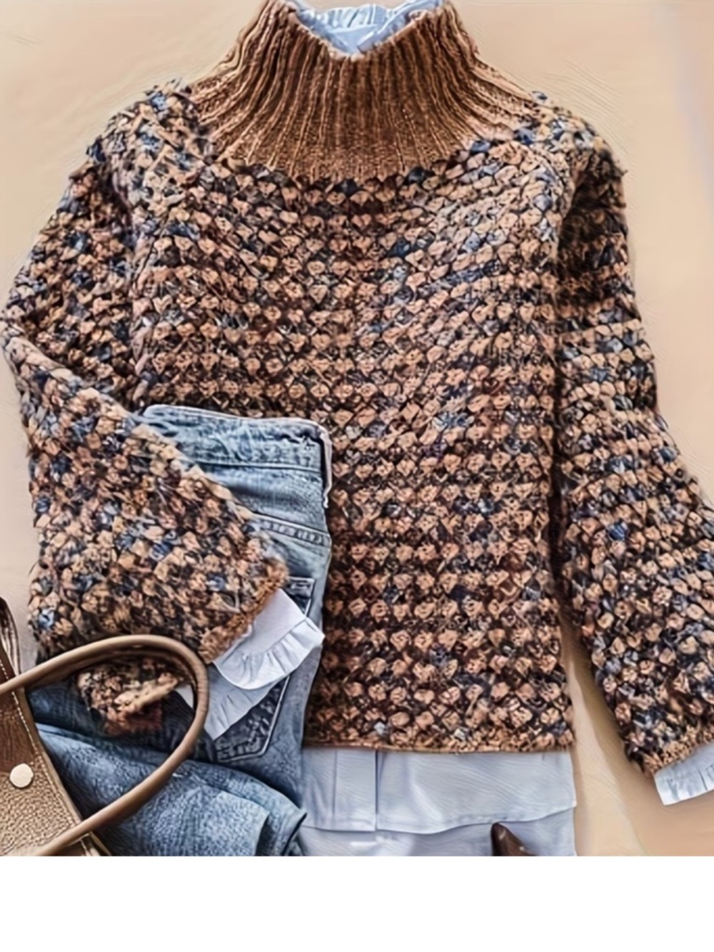 Women's Brown Multi-Tone Chunky Knit Turtleneck Sweater